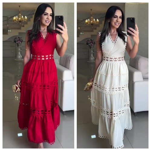 Hollow Embroidered V-Neck Slimming Sleeveless Maxi Dress