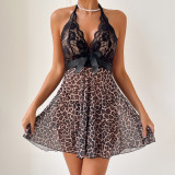 Lace Trim Leopard Mesh Nightgown & G-String Set with Bow Tie