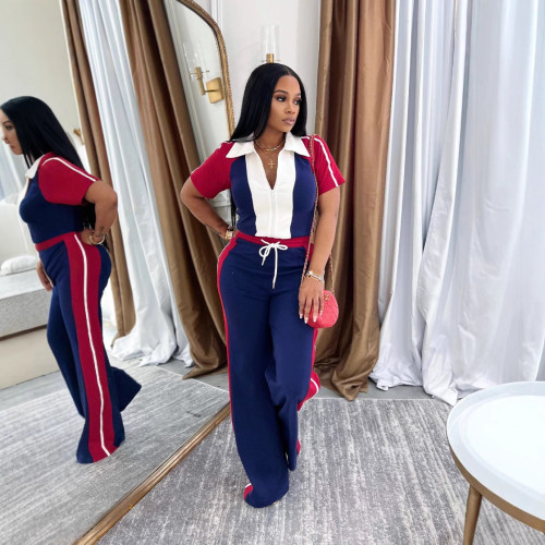 Zippered Drawstring Collar Short-Sleeve Top and Long Pants Set