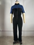Velvet Denim Color-Block Short Sleeve Jumpsuit with Stand Collar and Long Zipper