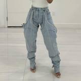 Irregular Hollow-out Stitching Zipper Stretch Denim Pants