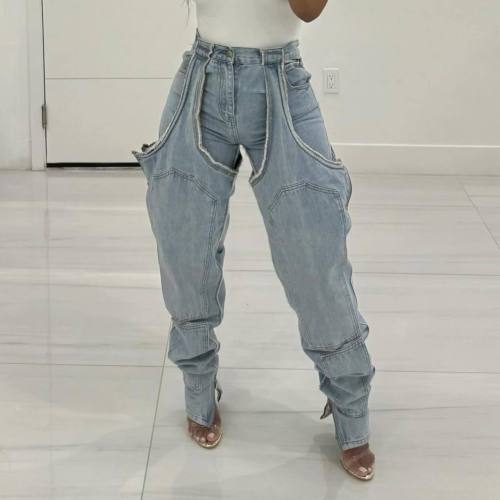 Irregular Hollow-out Stitching Zipper Stretch Denim Pants