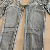 Irregular Hollow-out Stitching Zipper Stretch Denim Pants