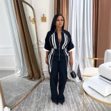 Stand Collar 7/8 Sleeve Drop Shoulder Waist-Tied Long Zipper Jumpsuit