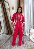 Stand Collar 7/8 Sleeve Drop Shoulder Waist-Tied Long Zipper Jumpsuit