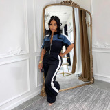 Velvet Denim Color-Block Short Sleeve Jumpsuit with Stand Collar and Long Zipper