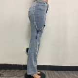 Irregular Hollow-out Stitching Zipper Stretch Denim Pants