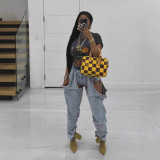 Irregular Hollow-out Stitching Zipper Stretch Denim Pants