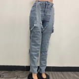 Irregular Hollow-out Stitching Zipper Stretch Denim Pants