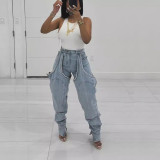 Irregular Hollow-out Stitching Zipper Stretch Denim Pants