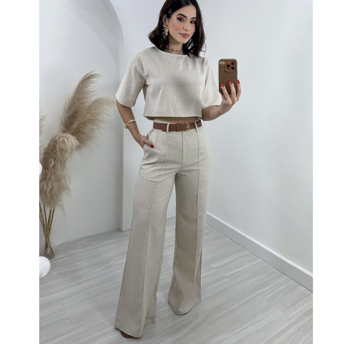 Cotton-Linen Short Top and High-Waisted Wide-Leg Trousers Set