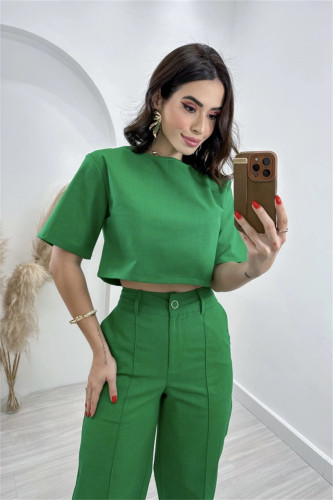 Cotton-Linen Short Top and High-Waisted Wide-Leg Trousers Set