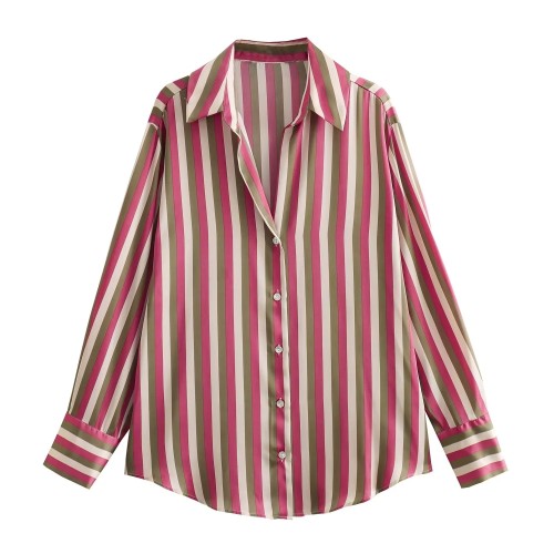 Striped Satin Draped Long Sleeve Shirt
