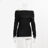 Slim-Fit Solid Color Off-the-Shoulder Long Sleeve Knit Top