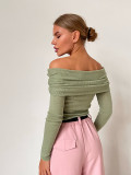 Slim-Fit Solid Color Off-the-Shoulder Long Sleeve Knit Top