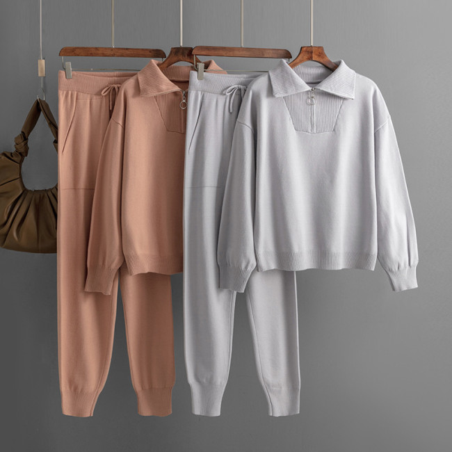 Casual Knit Polo Neck Sweater Set Two-Piece