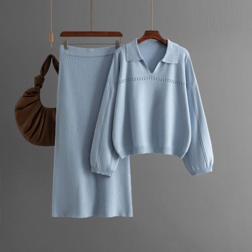 IHOOV Knit Polo Chic Sweater Top Womens Loose Maxi Dress Set Two piece Set