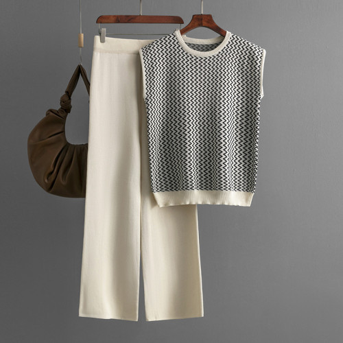 Sleeveless Striped Knit Top & High-Waisted Wide-Leg Pants Set