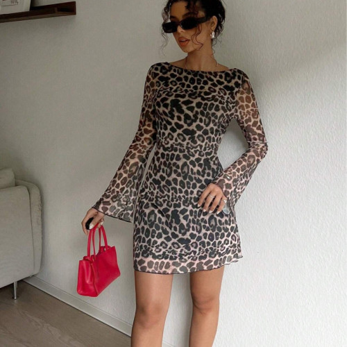Women Mini Leopard Print Long Sleeve Fitted Casual Dress