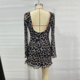 Women Mini Leopard Print Long Sleeve Fitted Casual Dress