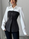 Striped Button-Up Shirt with Contrast Collar