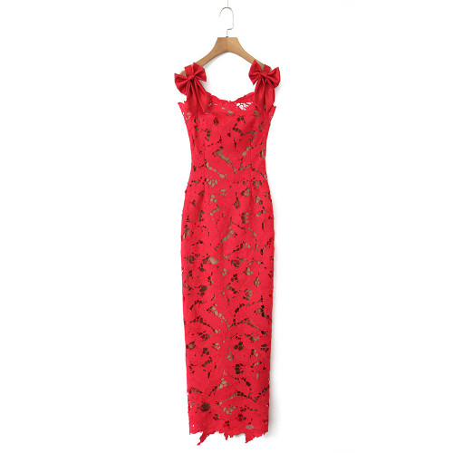 Hollow Lace Bow-Detail Bodycon Dress