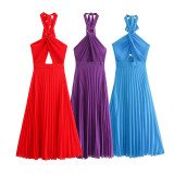 Sleek Pleated Halter Neck Long Dress