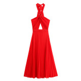 Sleek Pleated Halter Neck Long Dress