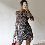 Women Mini Leopard Print Long Sleeve Fitted Casual Dress