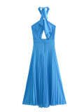 Sleek Pleated Halter Neck Long Dress