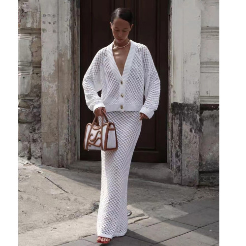 Hollow Out White Cardigan Dress Set