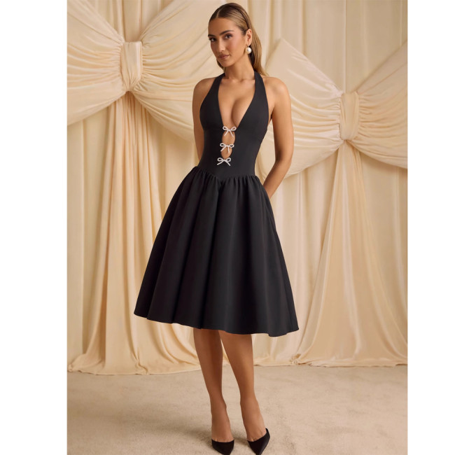 Backless Bow Tie Deep V Neck Sexy Puff Dress