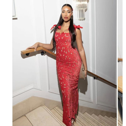 Butterfly Knot Embroidered Hollow Out Bodycon Maxi Dress