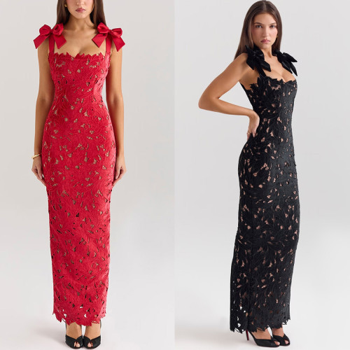 Butterfly Knot Embroidered Hollow Out Bodycon Maxi Dress