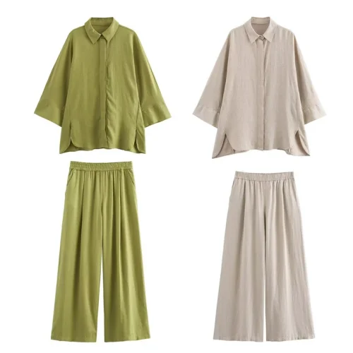 Casual Lightweight Loose Linen Shirt and Elastic Straight Pants Set