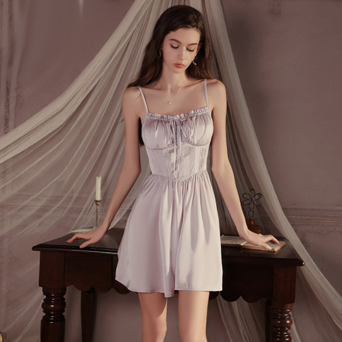 Silky Ice Silk Deep V Lingerie with Padding Nightgown