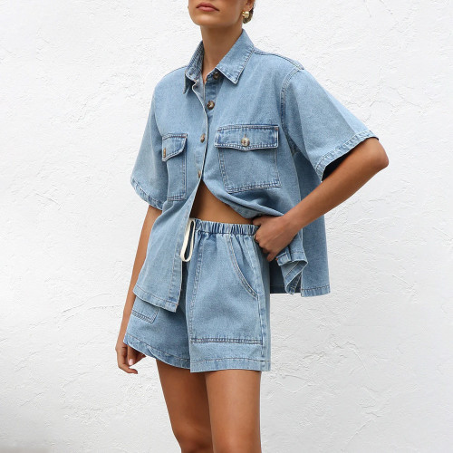 Casual Loose Pocket Short-Sleeve Shirt and Denim Shorts Two-Piece Set