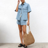 Casual Loose Pocket Short-Sleeve Shirt and Denim Shorts Two-Piece Set