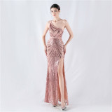 One-Shoulder Evening Gown with Floral Sequins