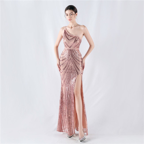 One-Shoulder Evening Gown with Floral Sequins
