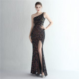 One-Shoulder Sequin Evening Dress with High Slit and Mermaid Hem
