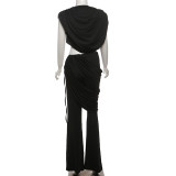 Cropped Round Neck Top with High-Waisted Ruffled Flare Pants Set