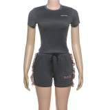 Embroidered Crop Top and High-Waisted Solid Color Shorts Set