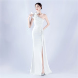 Beaded Art Floral Pleated Satin Off-Shoulder High Slit Evening Dress