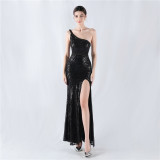 One-Shoulder Evening Gown with Floral Sequins
