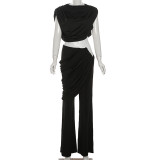 Cropped Round Neck Top with High-Waisted Ruffled Flare Pants Set