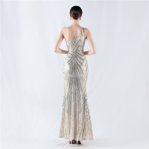 One-Shoulder Evening Gown with Floral Sequins