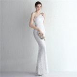 One-Shoulder Sequin Evening Dress with High Slit and Mermaid Hem