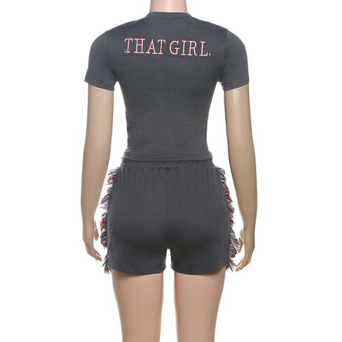 Embroidered Crop Top and High-Waisted Solid Color Shorts Set
