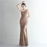 One-Shoulder Sequin Evening Dress with High Slit and Mermaid Hem